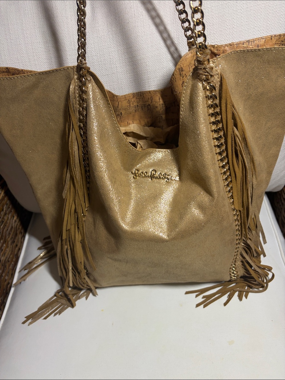 Lilly Pulitzer Metallic Tan Fringe Tote with Gold Chain Straps